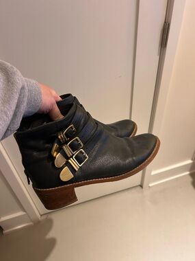 Loeffler Randall Fenton Black Leather Ankle Booties with Gold Buckle Details